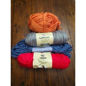 Caron Simply Soft Yarn Lot 4 Skeins Red Country Blue Grey Heather Orange Worsted
